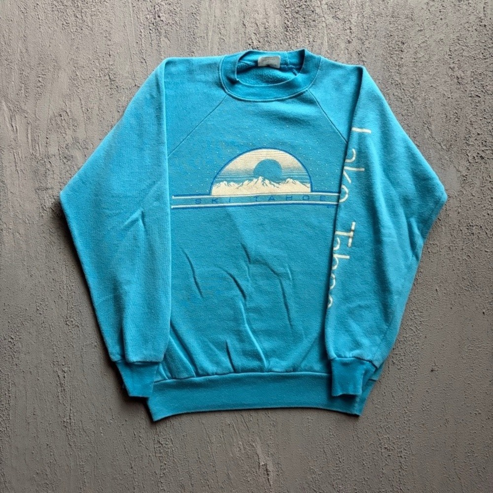 Vintage Lake Tahoe Sweatshirt Medium Blue 1980s Ski Raglan USA
